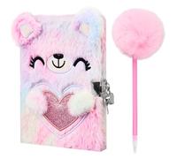 Fzyisw Cuaderno de notas de felpa para niñas, cuaderno de felpa con oso de peluche y cerradura, diario para niñas con bolígrafo pompón - regalo de papelería, escuela (lila, posibles desviaciones de