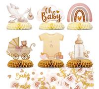 Fzyisw Decoración para baby shower: decoración de mesa para baby shower con decoración de panal, diseño de cigüeña y confeti para baby shower y fiesta de género