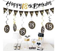 Fzyisw Decoración para el 18º cumpleaños de niño, color negro y dorado para 18 cumpleaños, decoración de 18 años, guirnalda de cumpleaños, decoración de cumpleaños para 18 años, decoración de fiesta