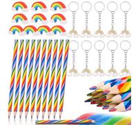 Fzyisw Juego de 36 lápices: 12 lápices arcoíris + 12 gomas de borrar + 12 llaveros para niños, paquete de fiesta