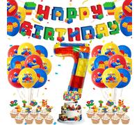 Fzyisw Set Decoración Cumpleaños Niño 7 Años Bloques, Globo Metalizado Número 7 de 32 Pulgadas, 15 Globos, Pancarta Happy Birthday, Toppers Tarta, Aptos para Helio