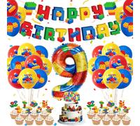 Fzyisw Set Decoración Cumpleaños Niño 9 Años Bloques, Globo Metalizado Número 9 de 32 Pulgadas, 15 Globos, Pancarta Happy Birthday, Toppers Tarta, Aptos para Helio
