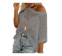 Fzysjve Tops De Crochet Calados for Mujer Suéter De Verano con Cuello Redondo Y Manga Corta Jersey Informal De Punto Holgado for Playa(Gray,L)