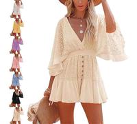 Fzysjve Women's Lace Crochet Romper Dress Batwing Sleeve Backless Ruffle Dresses Sexy V Neck Buttons Down Swing Beach Mini Skirt Cover up for Home Vacation Picnic(Apricot,S)
