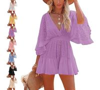 Fzysjve Women's Lace Crochet Romper Dress Batwing Sleeve Backless Ruffle Dresses Sexy V Neck Buttons Down Swing Beach Mini Skirt Cover up for Home Vacation Picnic(Purple,XL)
