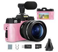 G-Anica Cámara de fotos digital, cámara de vídeo 4K 48mp, cámara vlogging Zoom digital Youtube 16x, cámara de viaje con tarjeta SD de 32 GB y lente Macro Gran Angular (Pink)