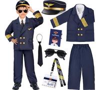 G.C Disfraz Piloto para Niños Uniforme de Capitán de Línea Aérea con Sombrero de Piloto Corbata Gafas de Sol Traje Aviador Juego de Rol Disfraz Carnaval Halloween Cosplay (T, 3-4 Años)