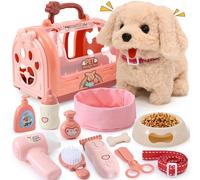 G.C Electrónica Perro Juguete Que Anda y Ladra con Jaula Perro y Correa, Peluche Perrito Juguetes Interactivos Juegos de rol Navidad Cumpleaños Regalo para Niña 3 4 5 6 Años