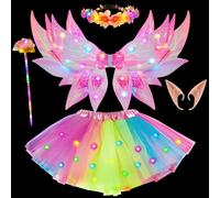 G.C Luminoso Disfraz Hada Niña Alas de Hada LED con Tutu Falda Corona de Flores Varita Magica Orejas de Elfo Vestido Hada Disfraz Carnaval Halloween Navidad para Niñas (Rosa)