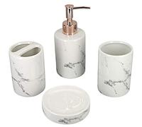 G Decor Accesorio de baño de cerámica de mármol Blanco Crema y Oro Rosa de 4 Piezas, Incluye dispensador de jabón líquido o loción, Soporte para Cepillo de Dientes, Vaso, jabonera