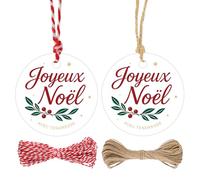 G2PLUS 100 Etiquetas de Regalo con Feliz Navidad en Francés de 5,5 cm con Estampado de Bayas de Acebo para Envoltura de Regalos