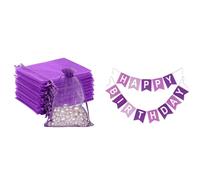 G2PLUS 100pcs Bolsas Organza Lila y Guirnalda de Feliz cumpleaños