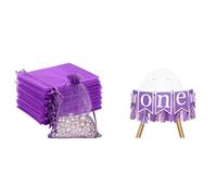 G2PLUS 100pcs Bolsas Organza Lila y Pancarta De Primer Cumpleaños