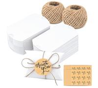 G2PLUS 100PCS Caja de Almohada Cajas de Dulces de Regalo de Boda con 60M Cuerda de Yute y 120 Calcomanías de Papel "Thank You" para Bodas Fiestas Caramelos,Blanco