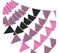 G2PLUS Guirlanda de Banderines Rosa y Negro 10m：36 Banderines de Algodón y Lino - Bunting Banner Minimalista para Decoraciones de Bodas, Fiestas o Decoración de Halloween