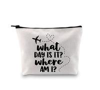 G2TUP Bolsa de maquillaje con texto en inglés "What Day Is It Where Am I", bolsa de cosméticos de aviación, bolsa de viaje para azafata tripulación de vuelo, bolsa blanca, What Day is It Where Am I -