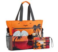 G4Free Bolsa de playa grande para mujer, impermeable, a prueba de arena, con bolsa de maquillaje y bolsillo con cremallera, Patrón de puesta de sol, 35L