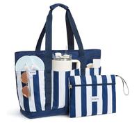 G4Free Bolsa de playa plegable de 35/50 L con bolsillos con cremallera, impermeable, para piscina, para mujer, compatible con Stanley Cup, fin de semana, viajes, vacaciones, Marino Raya, 35L