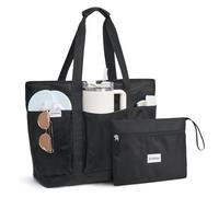 G4Free Bolsa de playa plegable de 35/50 L con bolsillos con cremallera, impermeable, para piscina, para mujer, compatible con Stanley Cup, fin de semana, viajes, vacaciones, Black, 35L