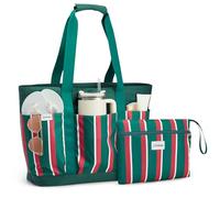 G4Free Bolsa de playa plegable de 35/50 L con bolsillos con cremallera, impermeable, para piscina, para mujer, compatible con Stanley Cup, fin de semana, viajes, vacaciones, Rayas verdes, 35L