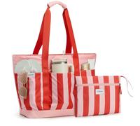 G4Free Bolsa de playa plegable de 35/50 L con bolsillos con cremallera, impermeable, para piscina, para mujer, compatible con Stanley Cup, fin de semana, viajes, vacaciones, rosa (rayas), 35L