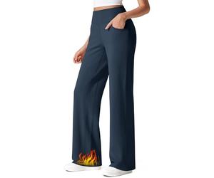 G4Free Pantalones con forro polar para mujer, pantalones de trabajo de pierna ancha con bolsillos, pantalones deportivos de cintura alta para vestido casual de invierno, Azul marino, S Alto