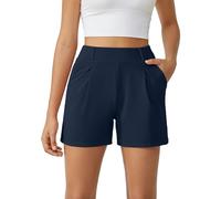 G4Free Pantalones cortos de moda para mujer, elegantes, informales, de cintura alta, plisados, con bolsillos, Azul marino, Large