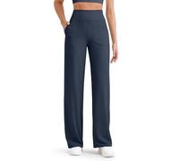 G4Free Pantalones de punto acanalado para mujer, pierna ancha, con bolsillos, ligeros, elásticos, pantalones de yoga casuales para descansar, Azul marino oscuro, Medium