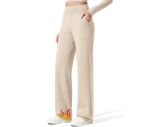 G4Free Pantalones de yoga de pierna ancha para mujer, con forro polar, pantalones cálidos de cintura alta con paquetes de 73.7 cm/78.7 cm/83.8 cm, Caqui claro, X-Large