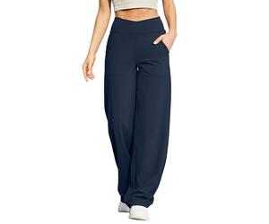 G4Free - Pantalones de yoga para mujer, pierna ancha, pantalones cruzados de cintura alta con bolsillos, talla pequeña/regular/alta, pantalones elásticos sueltos de ocio y descanso casual, azul marino