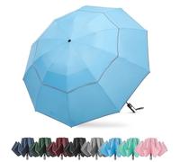 G4Free Paraguas invertido resistente al viento de 62 pulgadas con rayas reflectantes, paraguas de golf grande compacto para lluvia, 10 varillas, doble toldo, paraguas de viaje, cierre automático de