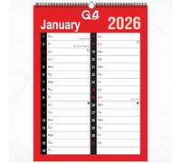 G4GADGET Calendario de pared 2026 A3 con vista mensual, planificador grande de 2 columnas en espiral con días festivos del Reino Unido, organizador mensual colgante rojo y blanco para el hogar