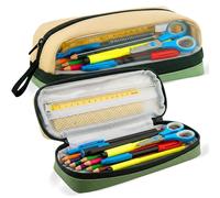 G4GADGET Estuche de Gran Capacidad con Compartimentos, Ventana Transparente y Bolsillo de Malla, Estuche Escolar estético Beige y Verde para niños, niñas, Adolescentes y Adultos