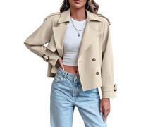 Gabardina corta de doble botonadura para mujer, manga raglán, cuello con solapa ancha, chaqueta de oficina con bolsillos, color beige, talla M