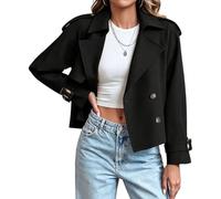 Gabardina corta para mujer, chaqueta cruzada con solapa y bolsillos.