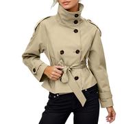 Gabardina corta para mujer, chaqueta de doble botonadura, con cinturón, elegante, abrigo corto, chaqueta cortavientos de transición, ligera, moderna, abrigo de oficina, monocolor, cuello alto