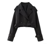Gabardina corta para mujer, chaqueta de manga larga con solapa, casual, holgada, corta, ropa de abrigo, a la moda, primavera, otoño, High Street Lady Top (M, negro)