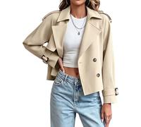 Gabardina corta para mujer con doble botonadura y bolsillos, beige, S
