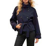 Gabardina corta para mujer con doble botonadura y cinturón, estilo europeo | Moderno abrigo europeo con cordones y cuello alto, cintura con cinturón, manga larga, cierre de botón
