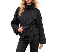 Gabardina de Mujer Primavera Y Otoño Retro Cuello Alto Doble Botonadura | Gabardina de Corta Clásico Elegante Moda Negocios Casual Oficina Abrigo Con Cinturón