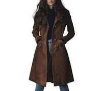 Gabardina larga de ante con cuello de solapa y botones para mujer, marrón, M