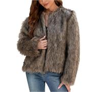 Gabardinas para mujer, abrigo cálido de pelo sintético liso, ropa de abrigo, ligera, corta, para exteriores, ropa de otoño e invierno, liquidación, marrón, S