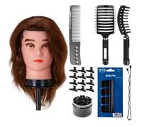 Gabbiano - Cabeza de entrenamiento de peluquería con peine antiestático Toni&Guy, cepillo O-13, pinzas de peluquería y gomas para el pelo