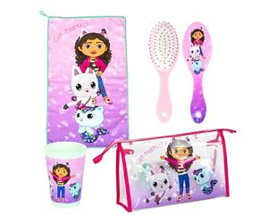 Gabby's Doll House Neceser para Niñas, Incluye Vaso, Cepillo para el Pelo, Toalla y Bolsa de Aseo Infantil Diseño Pandy Paws Gabby y Mercat