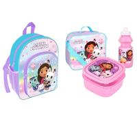 Gabby's Dollhouse - Juego de mochila de lujo de 4 piezas para niñas, bolsa escolar oficial de DreamWorks con bolsa de almuerzo aislada, lonchera y botella de agua, juego de viaje para niños de regreso