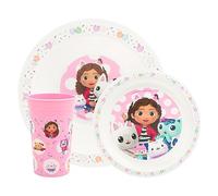 Gabby's Dollhouse - Juego de vajilla para niños, 3 piezas, plato de polipropileno reutilizable, cuenco y taza para niños, juego de vaso y vajilla para las comidas, para 24 meses en adelante, rosa