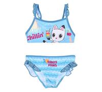 Gabby's Dollhouse Just Chillin' Pandy Paws - Bikini de playa para niña, traje de baño de dos piezas con volantes y detalles brillantes, turquesa, 4 años
