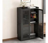 Gabinete Almacenamiento Multifuncional en Rattan para Router WiFi Caja Almacenamiento Medios Doméstica con Estantes Ajustables Gabinete Estéreo con Puertas(Black,59*25*97cm/23.2*9.8*38.2in)