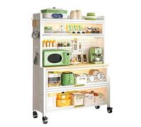 Gabinete de almacenamiento de cocina blanco versátil soporte para microondas con puerta abatible, ruedas giratorias y 8 ganchos para ahorrar espacio (largo 60 cm)