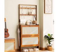 Gabinete de almacenamiento de zapatos de bambú delgado con ganchos, organizador de náufrago independiente para entrada, vestíbulo y pasillo, estante de abrigo 2-en-1 y gabinete de zapatos (70 * 24 *